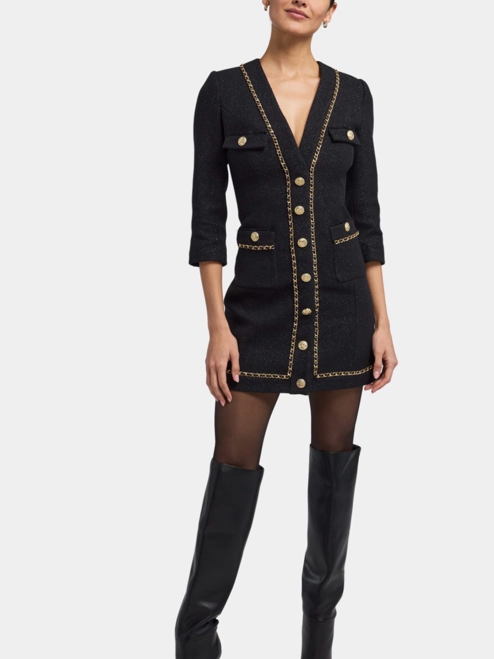 Generation Love Sandrine Tweed Mini Dress with Gold Chain Trim